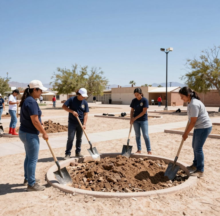 Dynamic wide shot of Mexicali volunteers in bright desert sunlight, holding shovels and smiling next to a newly cleaned park, vibrant documentary style.