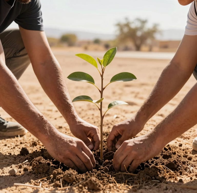Close-up of hands planting a young tree in a desert park, rich soil, bright warm Mexicali golden hour sunlight, authentic action.