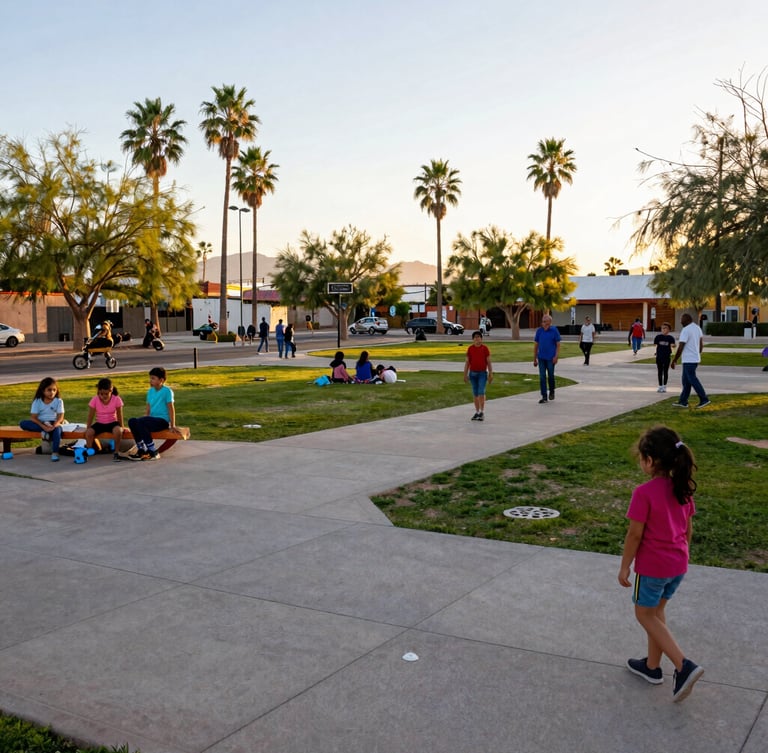 Wide environmental shot of a vibrant community park in Mexicali filled with families, children playing, clean streets, sunset light
