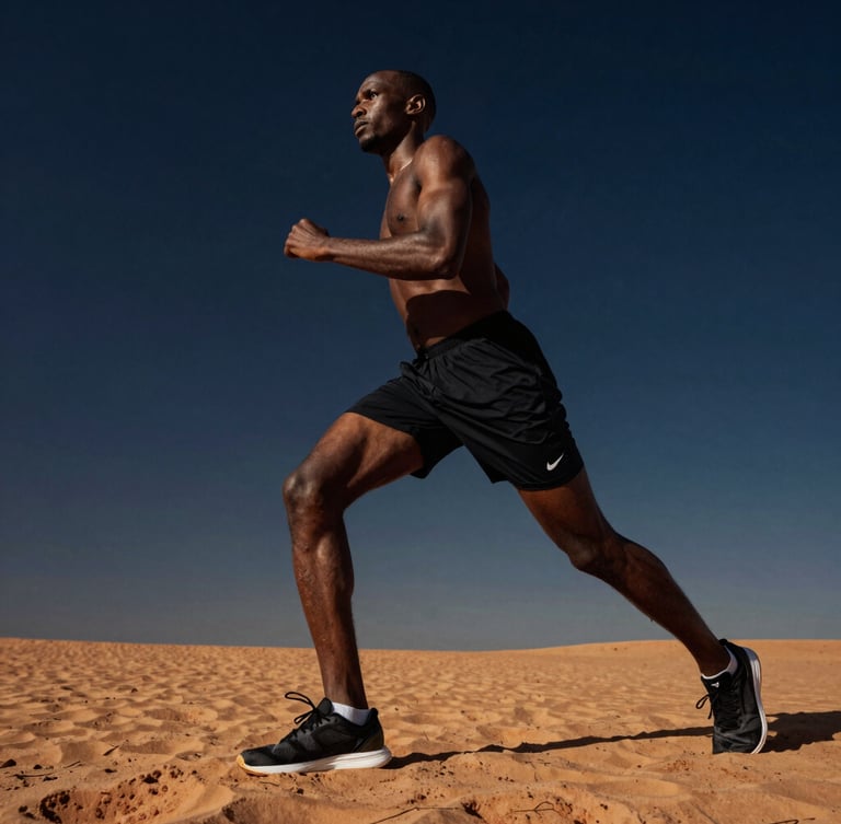 Low-angle heroic shot of a professional West African athlete training under dramatic natural side-lighting, deep navy and warm orange tones, 35mm photography