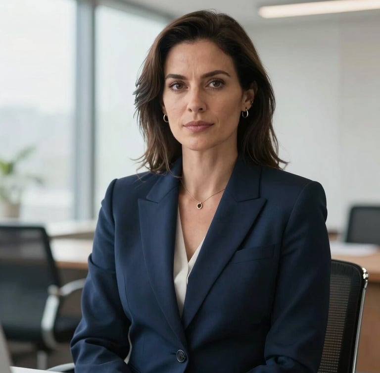 Medium-close portrait of Breenda Stefani, a professional female lawyer in a tailored navy blazer, sitting in a bright, modern office with soft daylight, direct eye contact, projecting absolute authority.