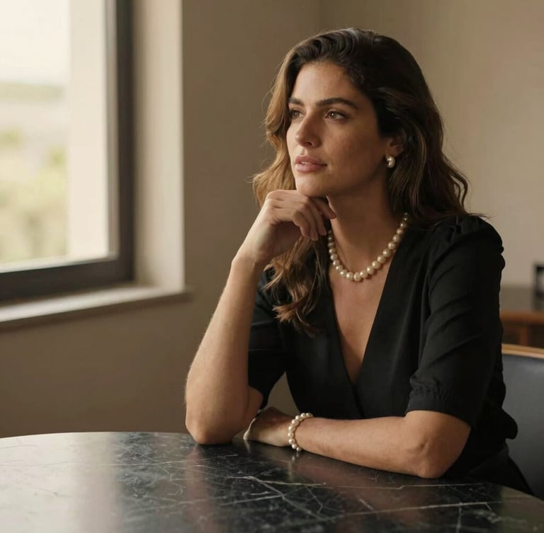 Elegant portrait of Carla Nazário Pinto sitting at a dark marble table, looking poised and thoughtful, soft warm lighting, negative space to the left.