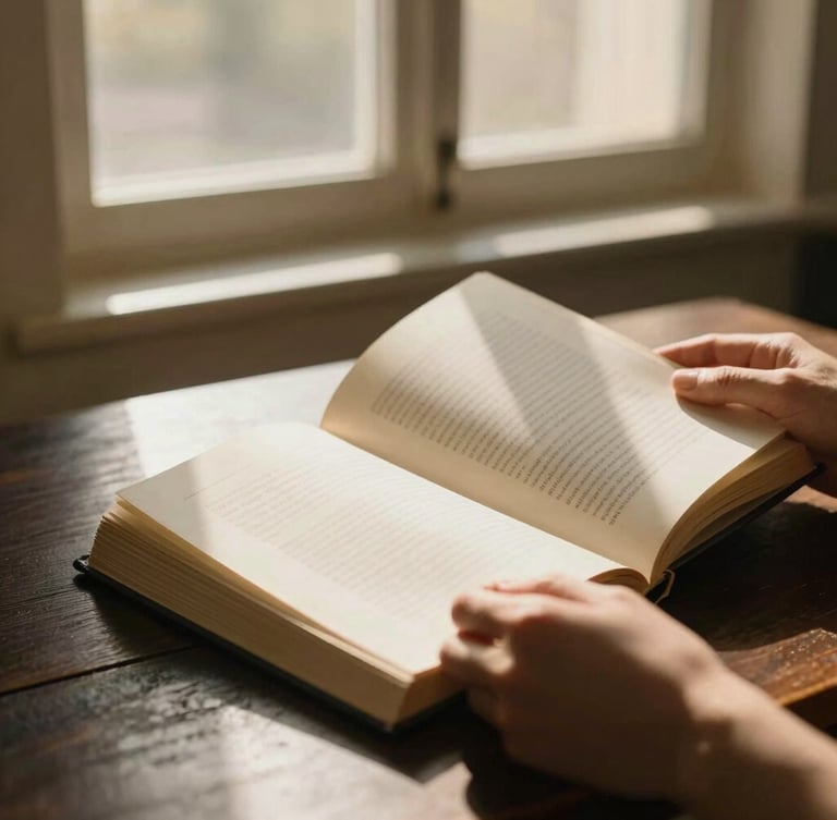 Close-up of hands holding an open book on a dark wooden table, warm golden-hour window light, soft shadows, editorial style, 35mm