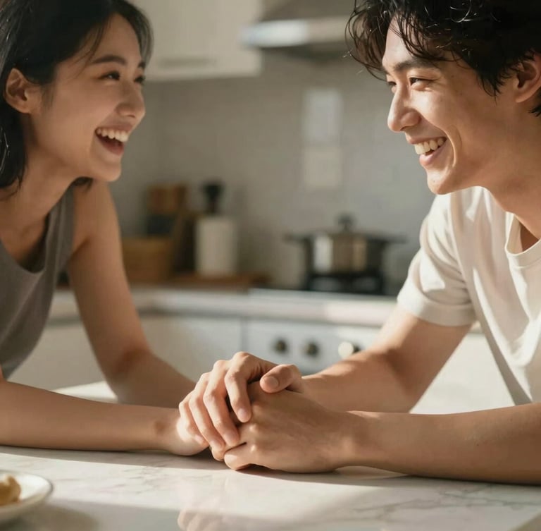A candid close-up of a young couple laughing together in a sunlit kitchen, warm morning light, soft focus on their interlocking hands on a marble counter.
