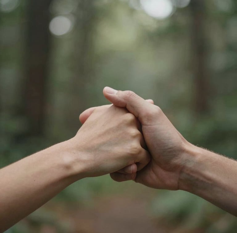 Close-up detail of a young couple's hands gently clasped together, soft morning light filtering through trees, warm and organic feel.
