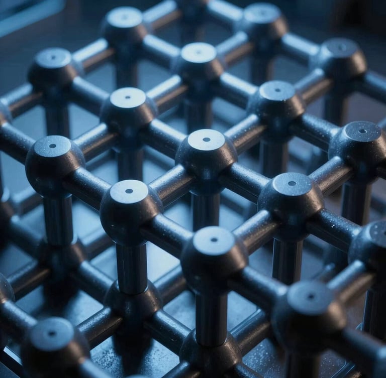 Abstract 3D molecular lattice, cold blue synthetic light casting sharp shadows on dark matte metallic structure, microscopic precision framing, high-tech laboratory aesthetic.