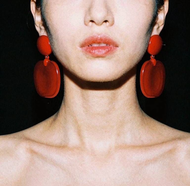 Extreme close-up of a model with a sharp jawline wearing massive, chunky hot-red acrylic earrings that graze her shoulders, harsh direct studio strobe lighting casting deep shadows on a solid black background, 35mm film texture.