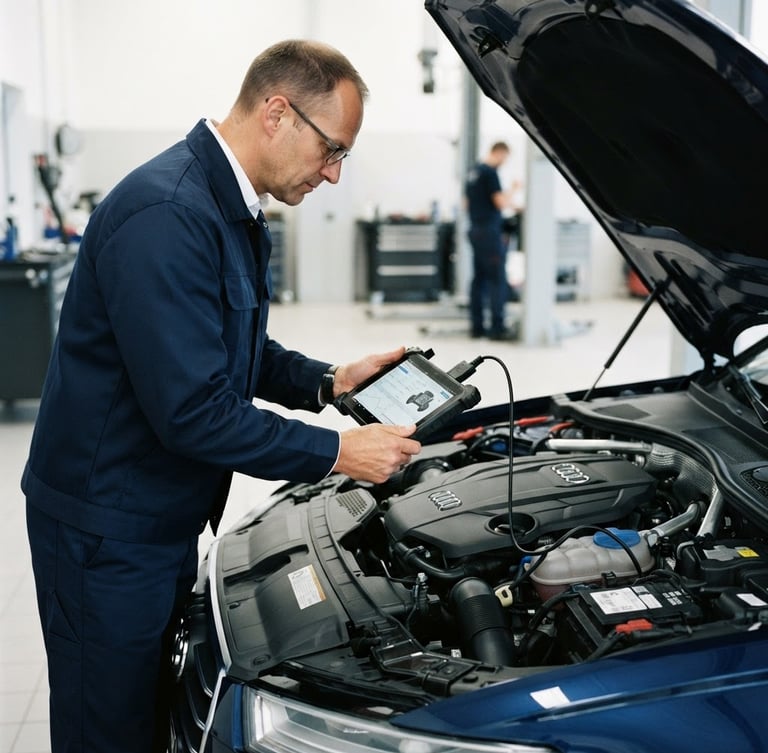 A professional inspector in clean navy apparel using a diagnostic tablet to scan a modern vehicle engine bay under bright daylight, 35mm
