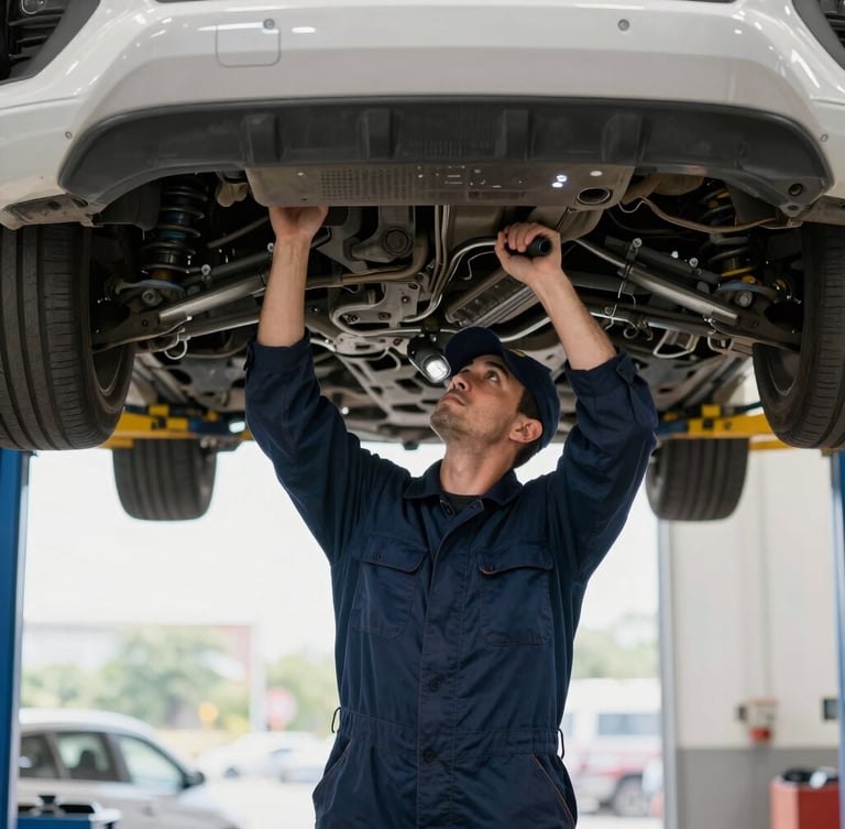 A professional inspector in clean navy blue apparel climbing under a vehicle chassis in a brightly lit Houston garage bay, checking suspension components with a flashlight.