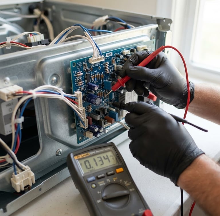 Crisp technical close-up of hands using a precise diagnostic multimeter on an open washing machine control board, bright natural daylight, clean metallic and blue tones, sharp focus, 35mm