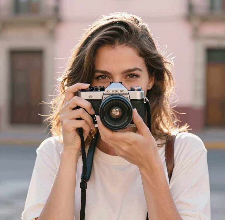 Portrait of a female photographer with a warm smile, holding a vintage camera, soft natural light, outdoor setting in Querétaro, warm tones