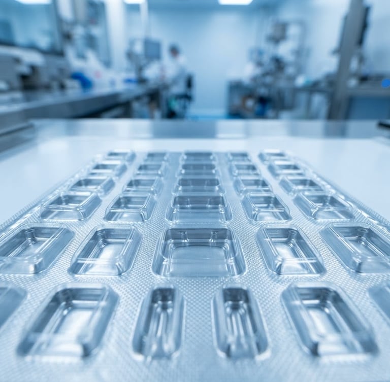 Macro photograph of sterile metallic silver cold-form blister packaging under clinical blue lighting, sharp focus on precision-engineered foil cavities, cleanroom environment, 35mm