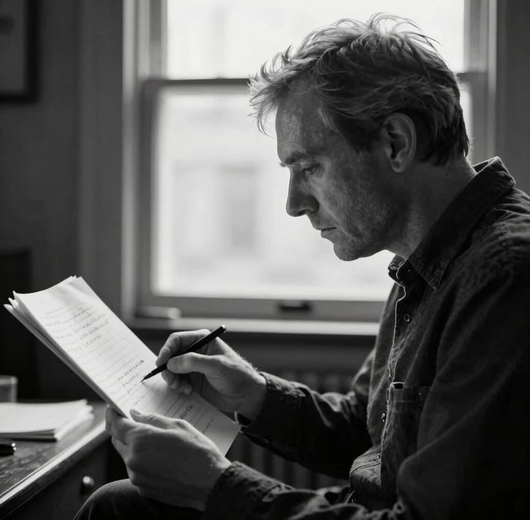 Black and white editorial portrait of a film director analyzing a printed script with handwritten notes, soft window light, cinematic contrast.