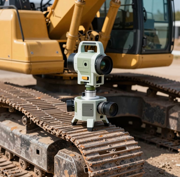 Tight macro shot of GPS surveying equipment mounted on a heavy excavator tread, high-noon harsh sunlight, deep shadows highlighting the steel texture.