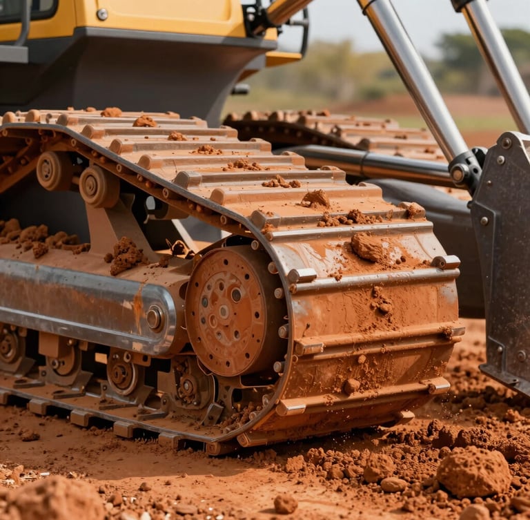Macro shot of a GPS-guided bulldozer tread carving into raw orange clay, sharp details of dirt clods and metal treads, harsh morning light.