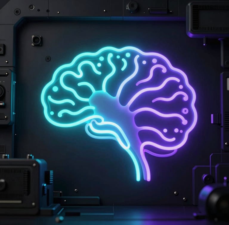 Macro shot of a clean, high-contrast conceptual diagram, low-key dramatic backlighting, neon self-illumination from glowing cyan and violet neural nodes, dark obsidian background, technical instrument panel aesthetic.
