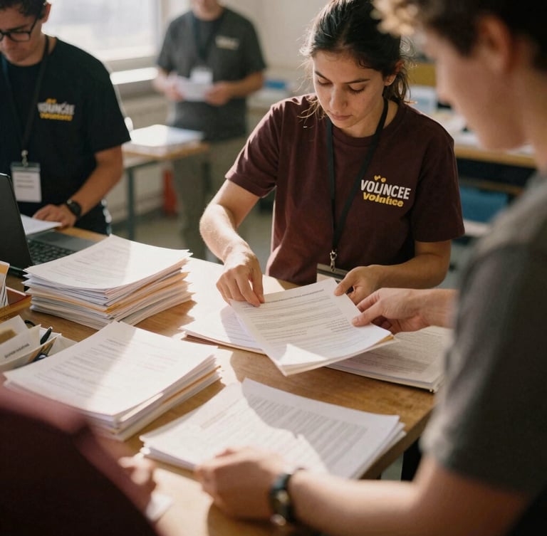 A volunteer meticulously organizing documents at a community center desk, natural light, warm editorial photography, 35mm film look, rich earthy tones.