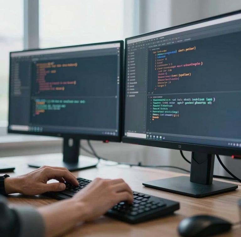 Close-up of a developer's hands coding on a dual-monitor setup, crisp studio light, cool tones, shallow depth of field, 35mm