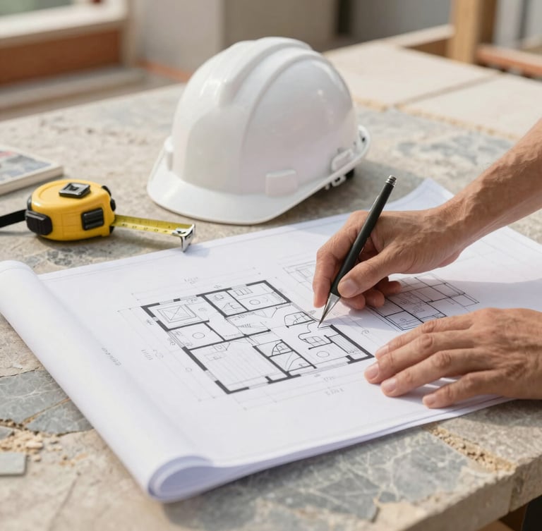 Architect's hands reviewing detailed architectural blueprints on a construction site, with a hard hat and measuring tape, soft natural daylight, warm limestone and slate tones, crisp details, high-end editorial style