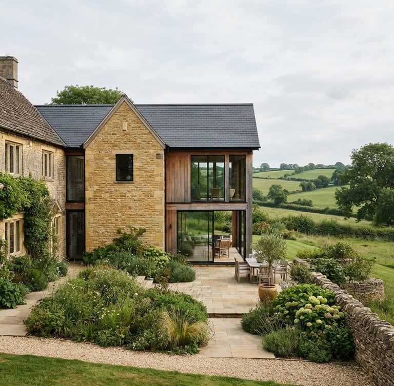 Striking architectural photograph of a modern Cotswold stone and timber extension, integrated seamlessly into a green landscape, soft natural daylight, wide environmental shot