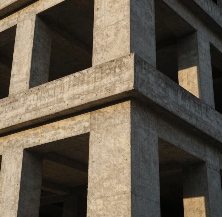 Tight architectural close-up of a massive concrete column joint in a commercial building under construction, raw concrete texture, dramatic sunlight casting geometric shadows, 35mm.