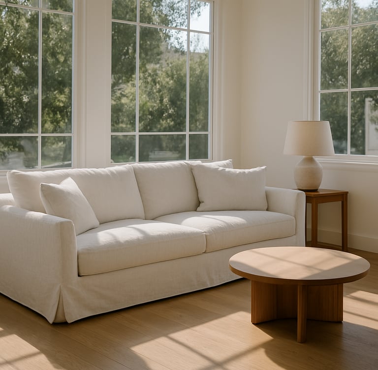Architectural interior of a sunlit Southern California living room, pristine white linen sofa, natural light streaming through large windows, minimalist aesthetic, warm oak floors.