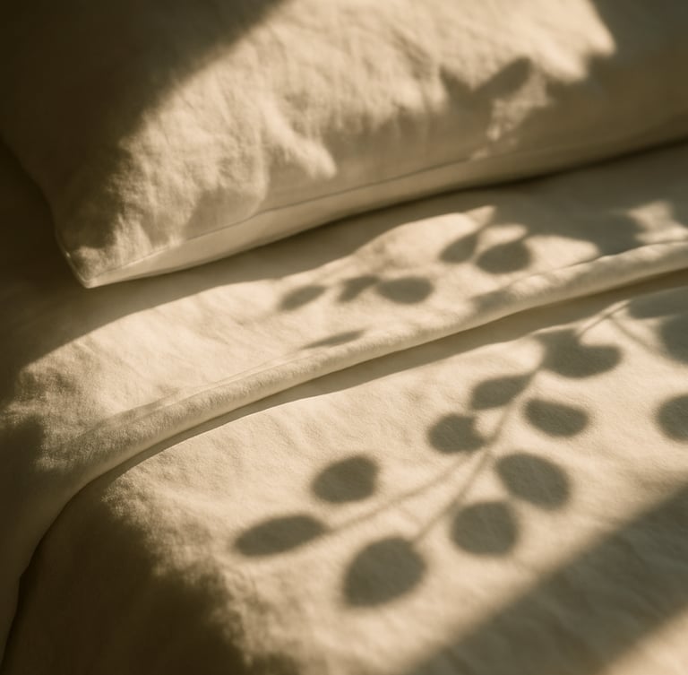 Tight close-up of crisp, perfectly folded white linen sheets on a sunlit bed, warm morning light, shadows of eucalyptus leaves