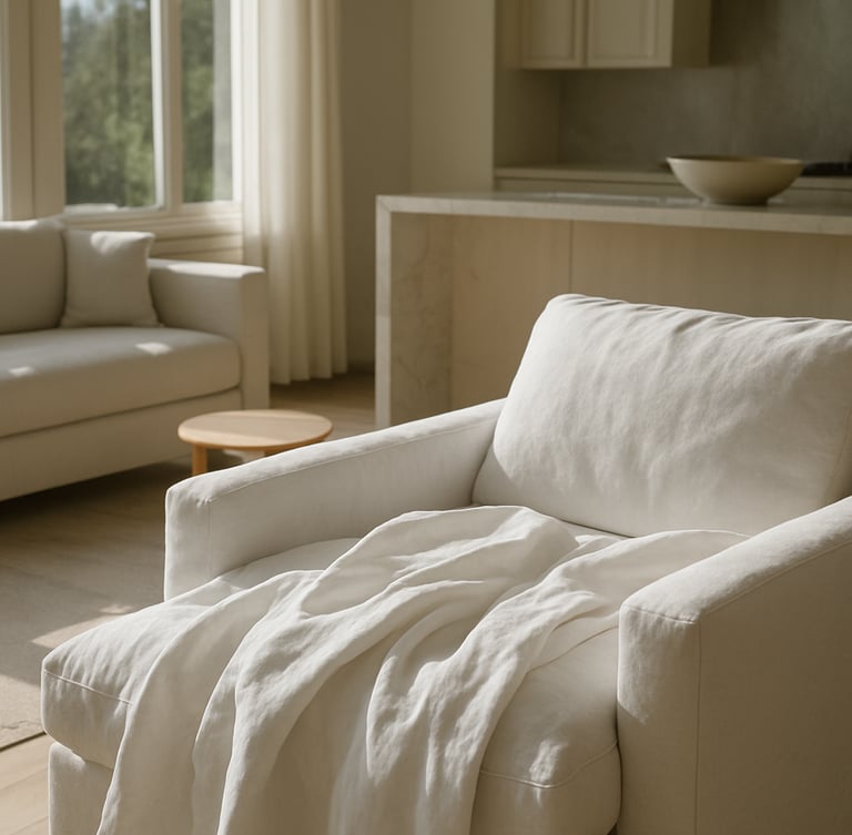Sunlit Southern California living room post-clean, crisp white linen folds on a nearby lounge chair, gleaming marble countertop in the background, natural diffused daylight, wide architectural framing.