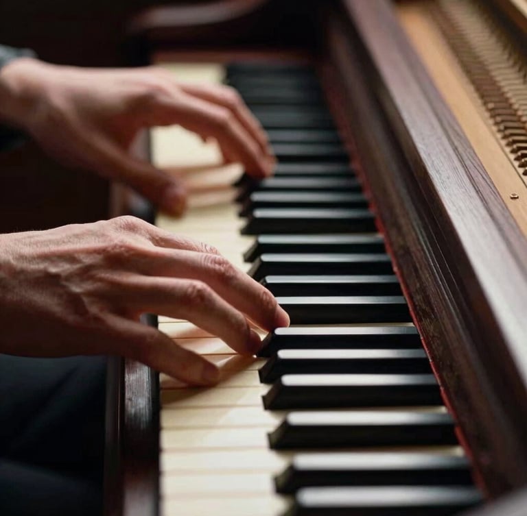 Dramatic editorial photography of hands on harpsichord keys, high-contrast side-lighting, deep shadows, ivory and charcoal tones, shallow depth of field, 35mm.