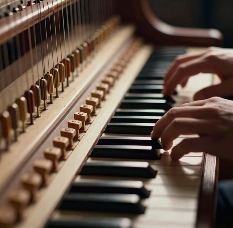 Macro close-up of hands playing harpsichord keys, focus on the intricate wooden jacks and brass strings, dramatic high-contrast side-lighting, deep shadows, warm ivory tones, 35mm.