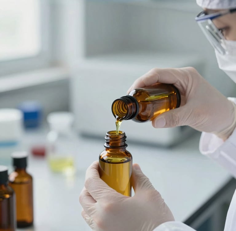 A clean laboratory technician in white protective gear carefully filling amber glass bottles with a golden botanical oil, diffused natural daylight, sterile clinical setting.
