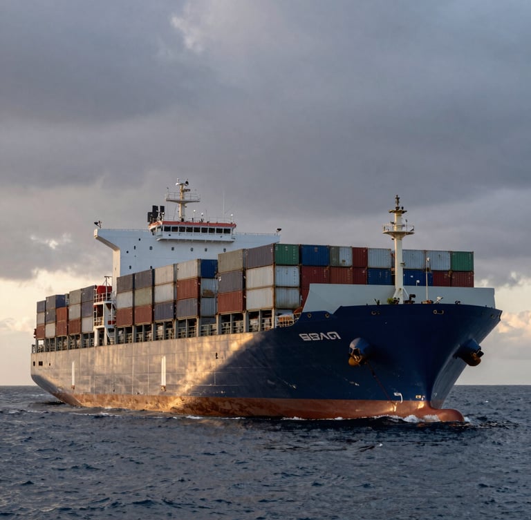 Extreme wide-angle shot of a massive container ship loaded with cargo in deep ocean water at dawn, dramatic overcast sky, low horizon.