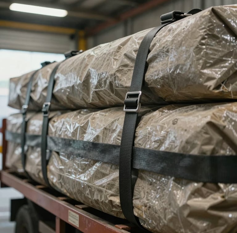 Close-up of high-tension cargo straps securing heavy freight inside a cargo hold, sharp industrial lighting