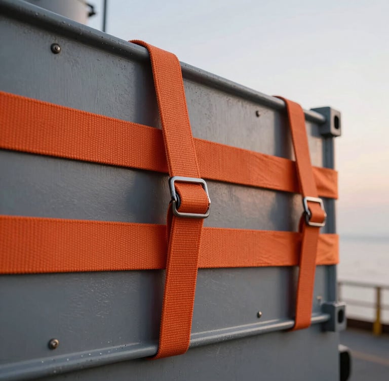 Tight, macro-detailed shot of heavy-duty orange cargo straps securing steel containers on a vessel, sharp overcast dawn light, high-contrast industrial textures.