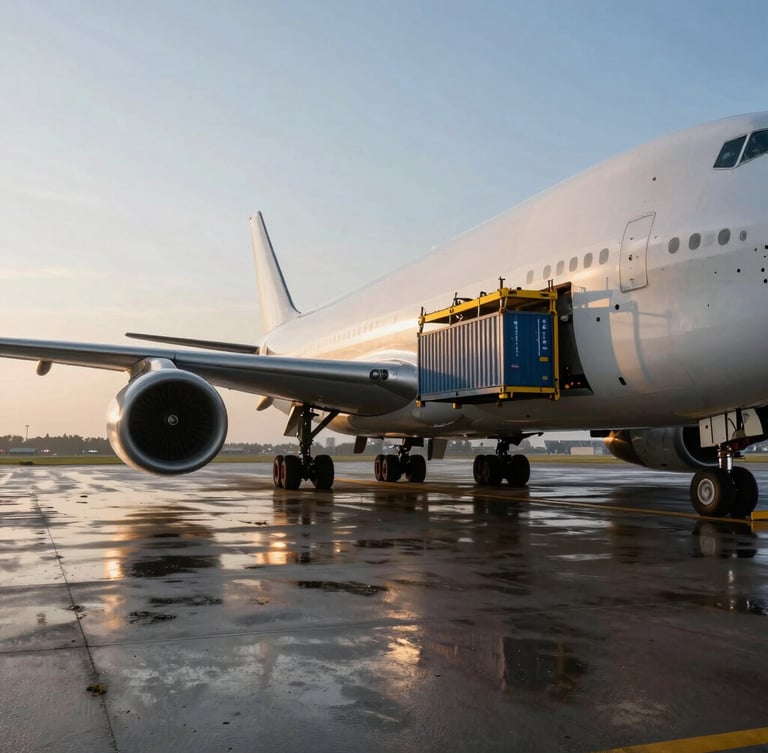Wide panoramic wet tarmac at dawn, a massive cargo plane loading high-tech sorting containers, sharp high-contrast lighting, deep shadows.