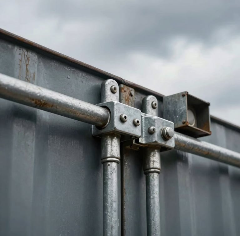 Extreme close-up of heavy-duty steel cargo container locking bars and security seals, industrial texture, dramatic overcast daylight, crisp focus.