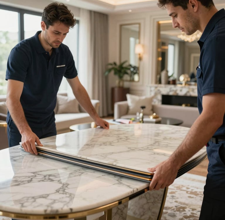 Close-up of professional movers in clean navy uniforms carefully wrapping an expensive marble tabletop with multi-layered protective edge guards inside a sunlit luxury apartment.