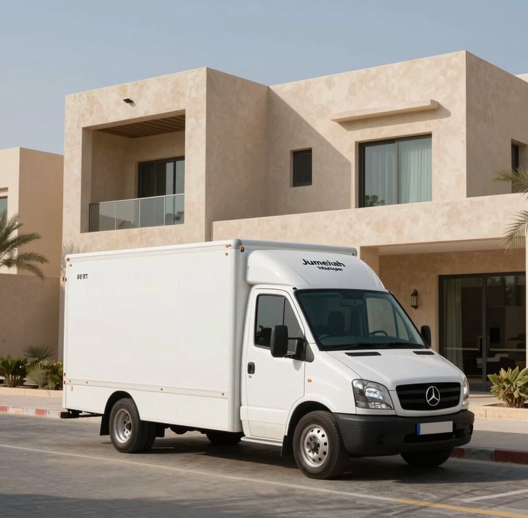 Wide-angle view of a spotless, branded white moving truck parked in front of a modern Jumeirah Village Triangle villa, bright desert daylight, soft architectural shadows.