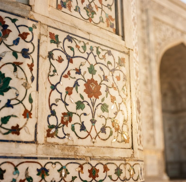 Close-up of intricate marble inlay work on the Taj Mahal during golden hour, warm sunlight illuminating the semi-precious stones, soft depth of field.