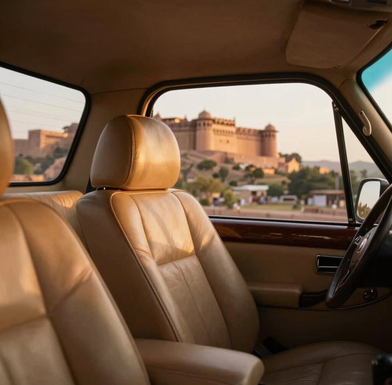 Intimate close-up of a pristine private luxury car interior, soft leather seating, a warm golden hour light streaming through the window, showing a glimpse of a Rajasthani fort in the soft-focus background