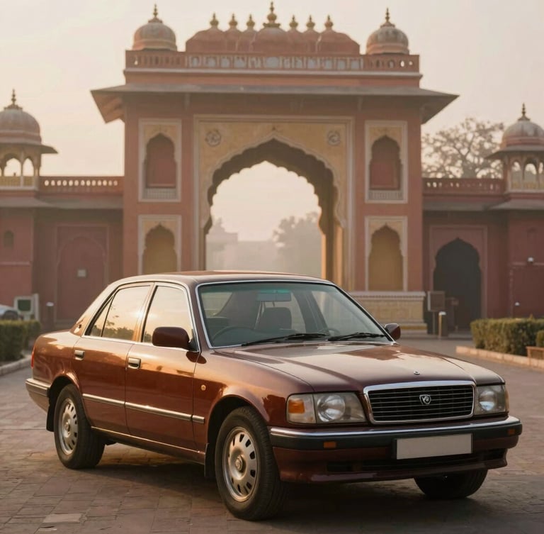 A polished classic sedan parked in front of a grand Rajasthani palace archway, warm morning mist, golden hour light reflecting on the vehicle.