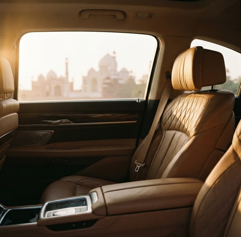 A pristine luxury sedan interior with leather seats, soft morning light filtering through the window, showing a glimpse of historic Agra architecture in the soft-focus background, 35mm film look.