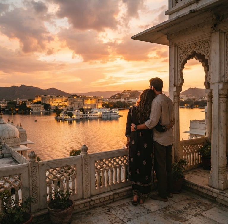 A romantic sunset over Lake Pichola in Udaipur, a couple watching from a marble heritage balcony, warm golden lighting, 35mm film look