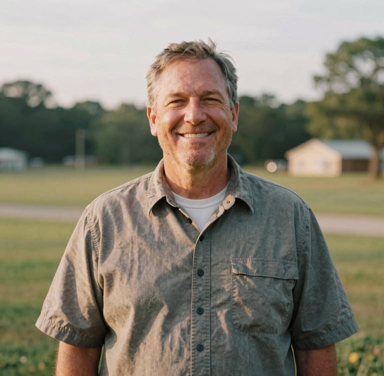 A warm, candid portrait of a local community leader in Georgia, soft overcast daylight, natural environment, 35mm film look.