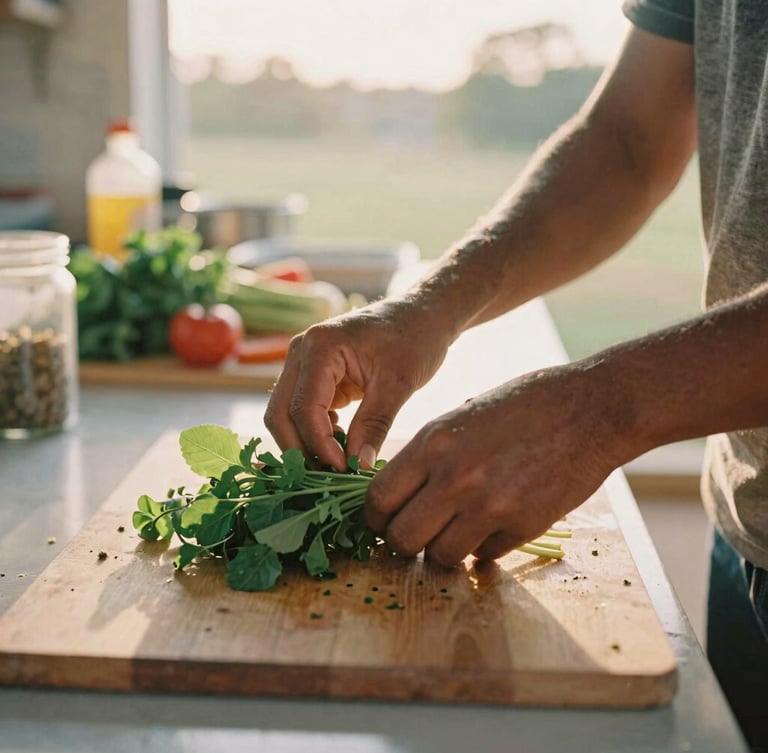 Hands carefully preparing fresh local produce in a warm Georgia community kitchen, soft golden hour light, authentic 35mm film look.