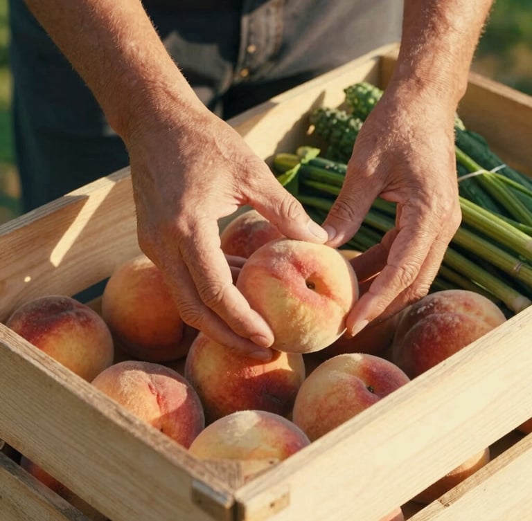 A close-up of warm hands carefully placing fresh, local Georgia peaches and green vegetables into a clean wooden crate, soft natural golden-hour daylight.