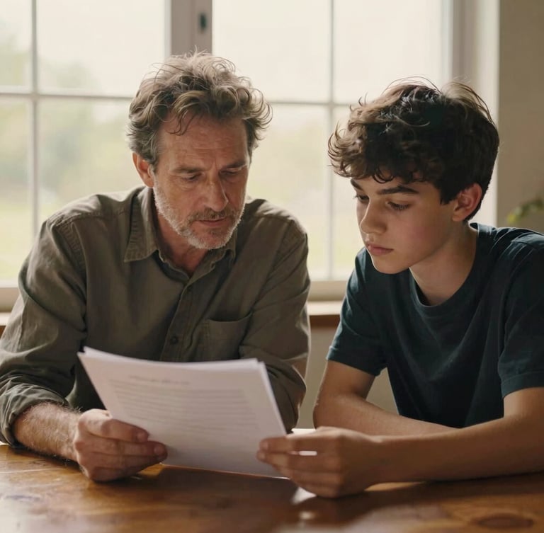 A warm, natural portrait of a mentor and a young adult reviewing documents together at a wooden table, soft overcast daylight through a window, respectful and focused.