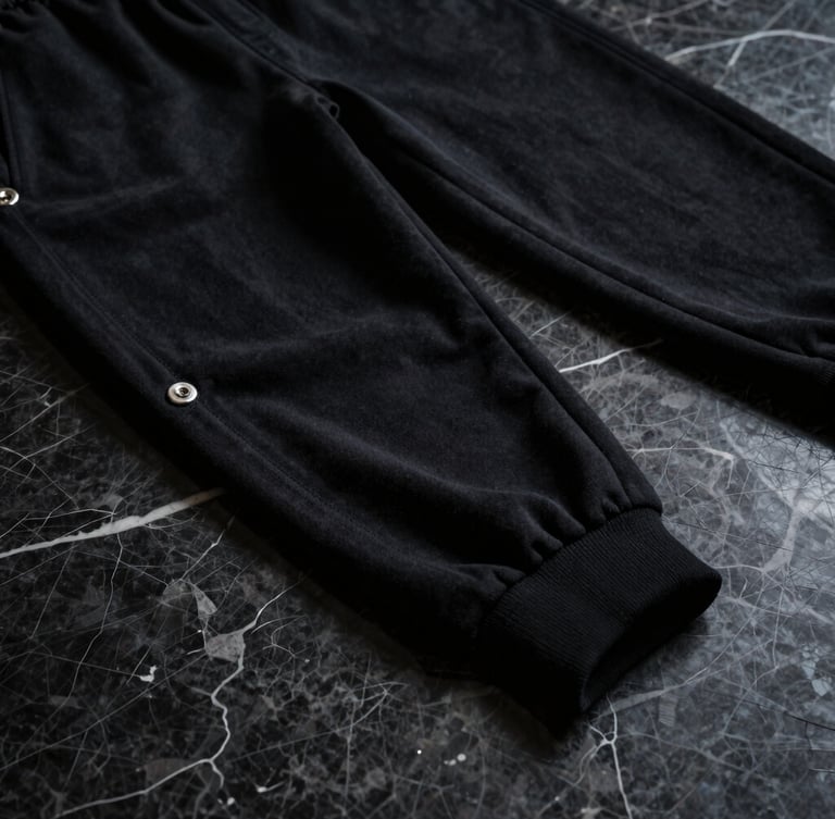 Close-up of structured heavy-gauge black cotton jogger stitching on a dark marble surface, sharp silver hardware details, low-key lighting