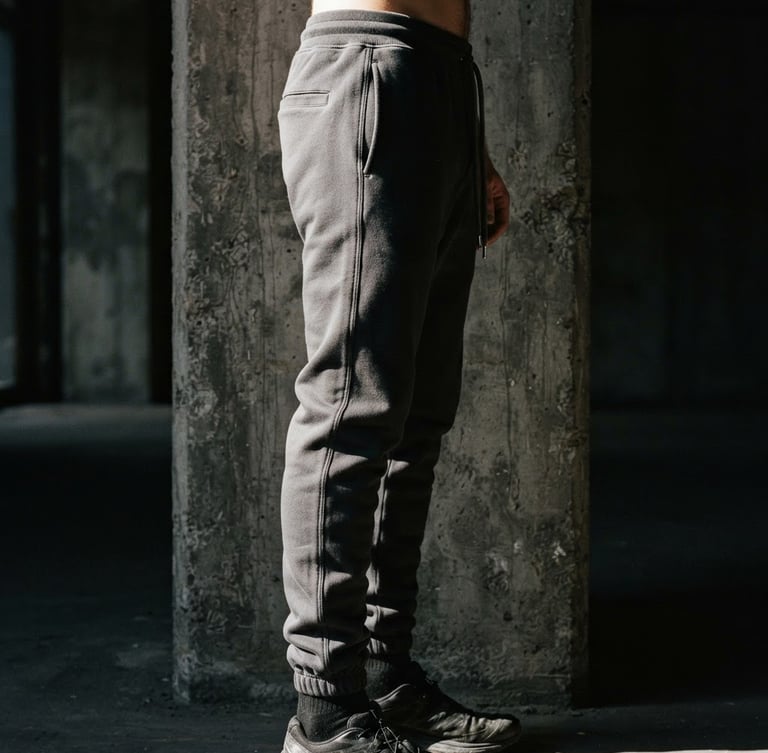Dark moody editorial photography of heavy-gauge charcoal track pants, dramatic high-contrast side-lighting, focusing on the sculptural drape and sharp silhouette against a raw concrete pillar.