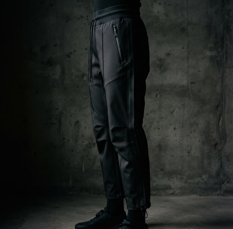 Close-up architectural garment silhouette of structured black track pants on an anonymous model, minimalist concrete background, low-key dramatic side-lighting, sharp focus, medium format film